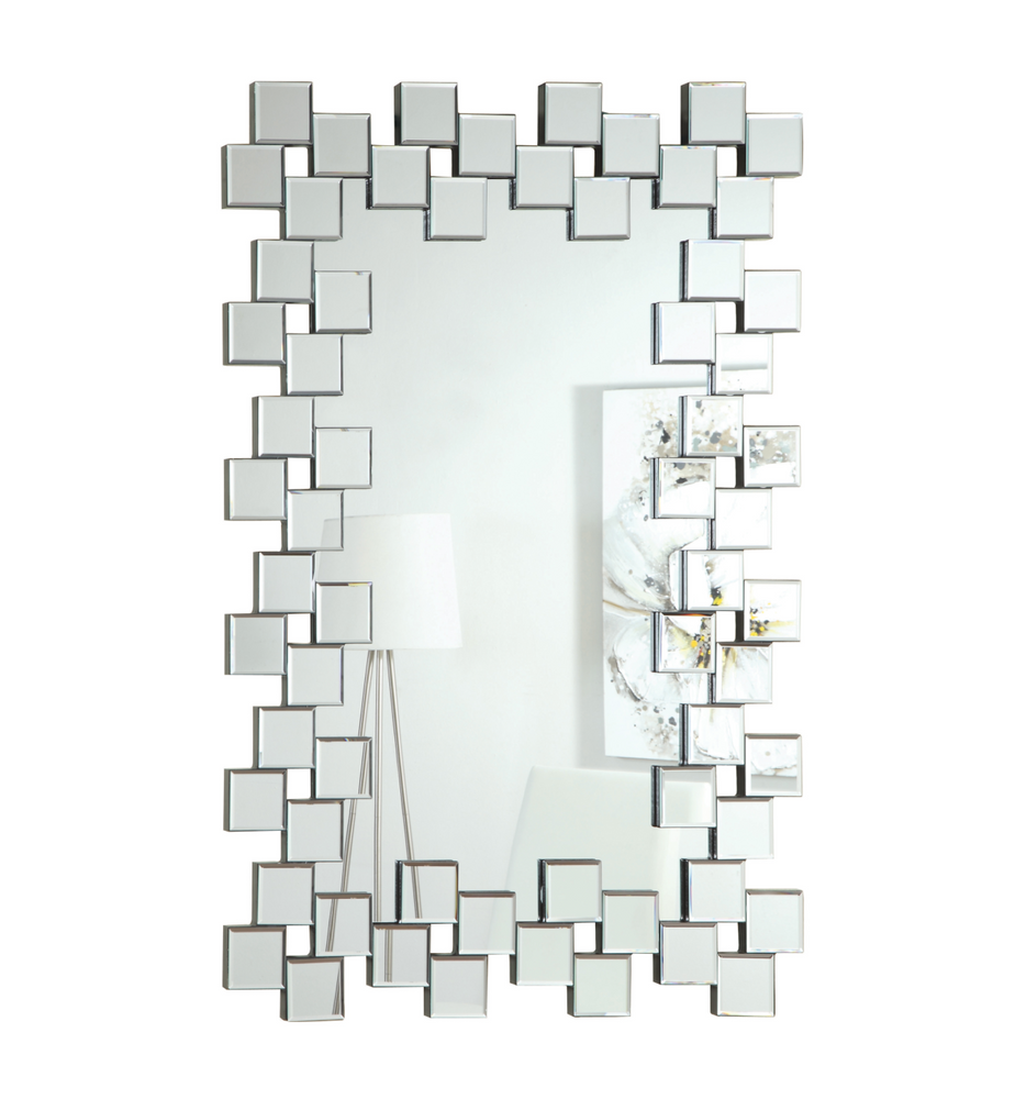 Frameless Wall Mirror With Staggered Tiles Silver
