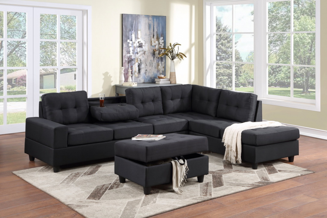 Heights Sectional + Storage Ottoman (Black Linen)