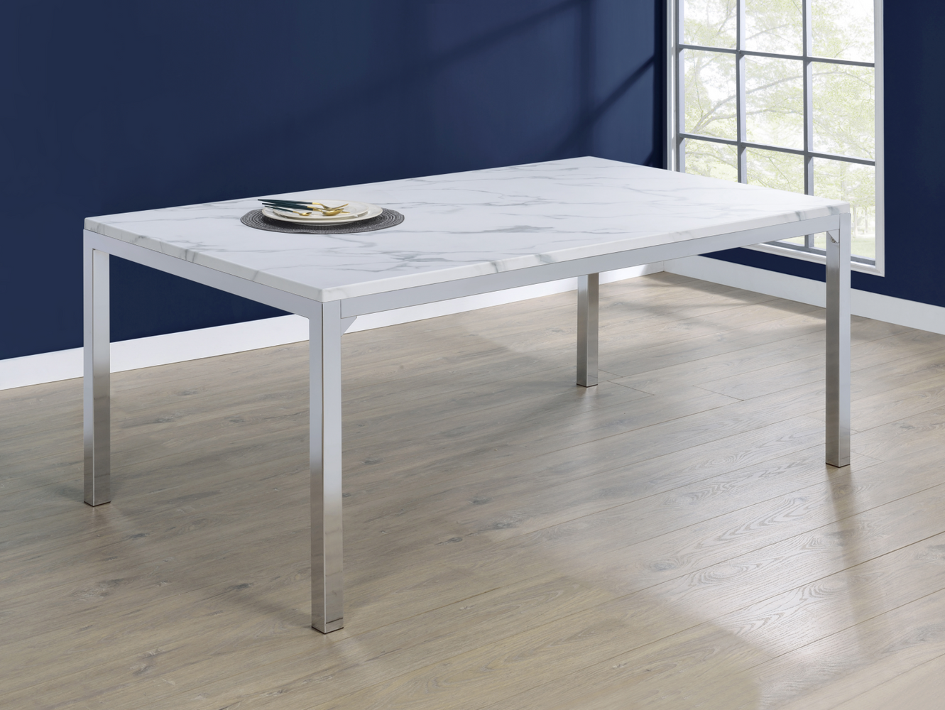 Athena Rectangle Dining Table With Marble Top Chrome