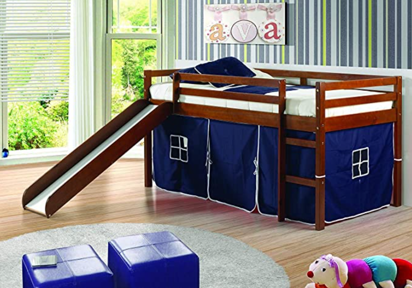 Kids Mission Low Slide Loft Bed Light Espresso/Twin/Blue Tent