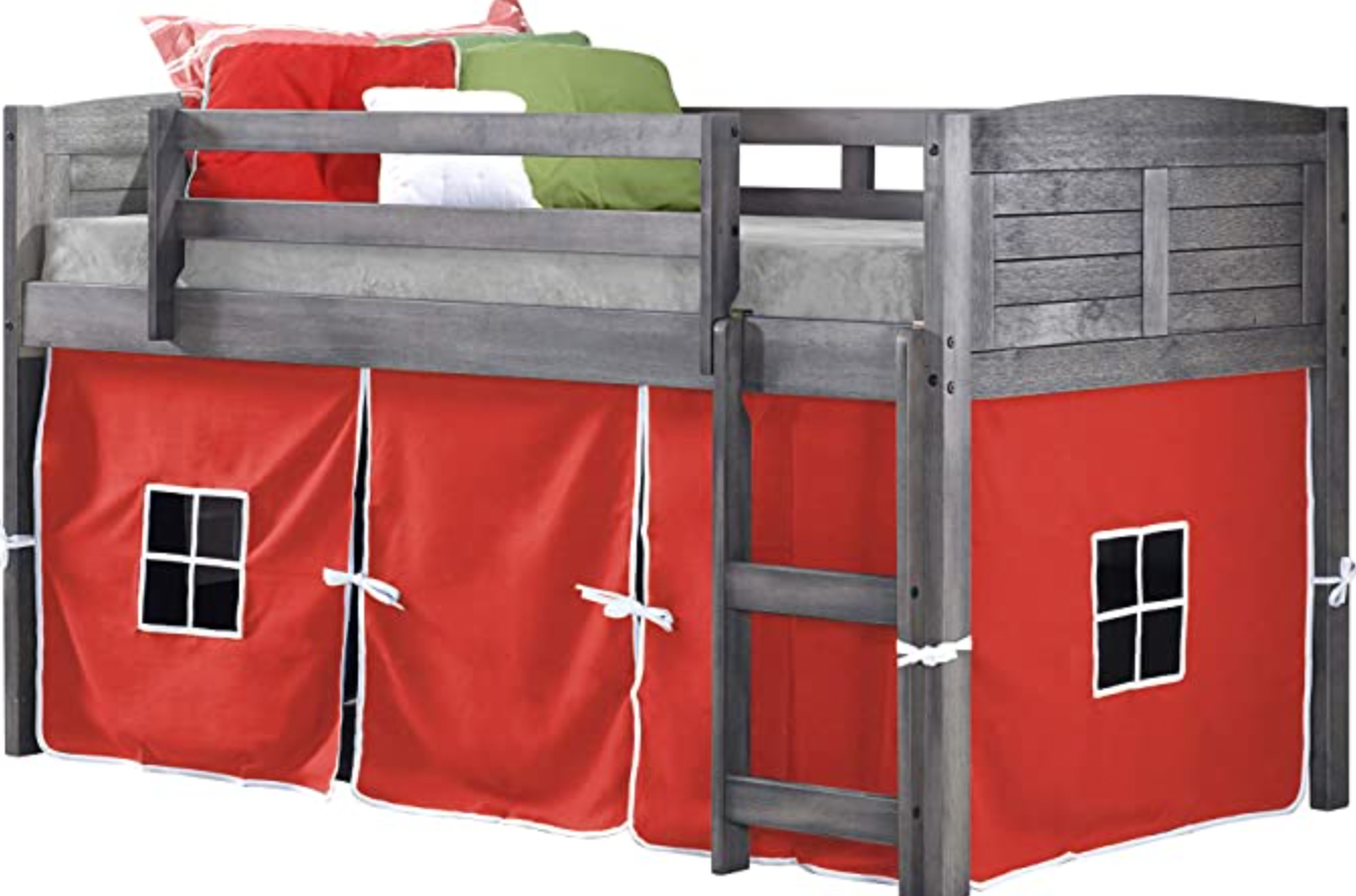 KIDS Louver Low Loft Bed with Camo Tent, Twin, Antique Grey
