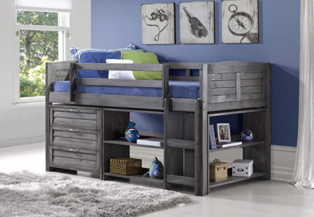 KIDS Louver Modular Low Loft Bed Combo A A, Twin, Antique Grey
