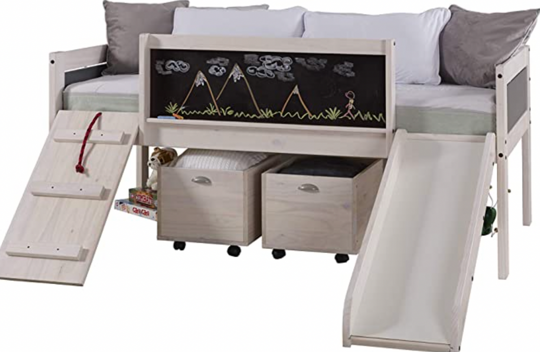 Kids Twin Art Play Junior Low LOFT with Toy Boxes Dark Finish, White Wash/Grey