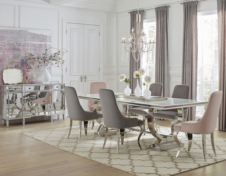 Antoine Rectangle Dining Table White And Chrome With Six Chairs